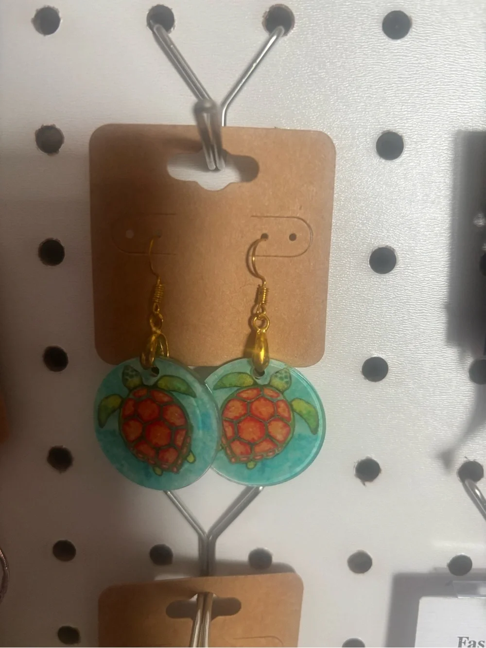 Handpainted Turtle Drop Earrings in Teal and Orange - Women Jewelry